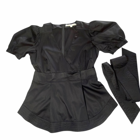 Veronica Beard Size 6 Cotton Spandex Black Belted Blouse V- Neck Puff Sleeve NEW - Picture 3 of 16